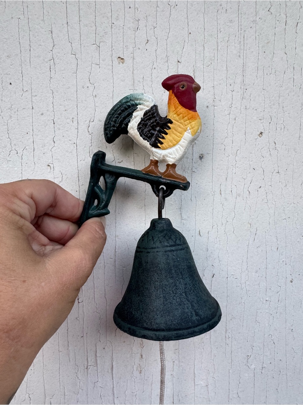 Vintage Cast Iron Hand Painted Rooster Wall Mount Dinner Bell